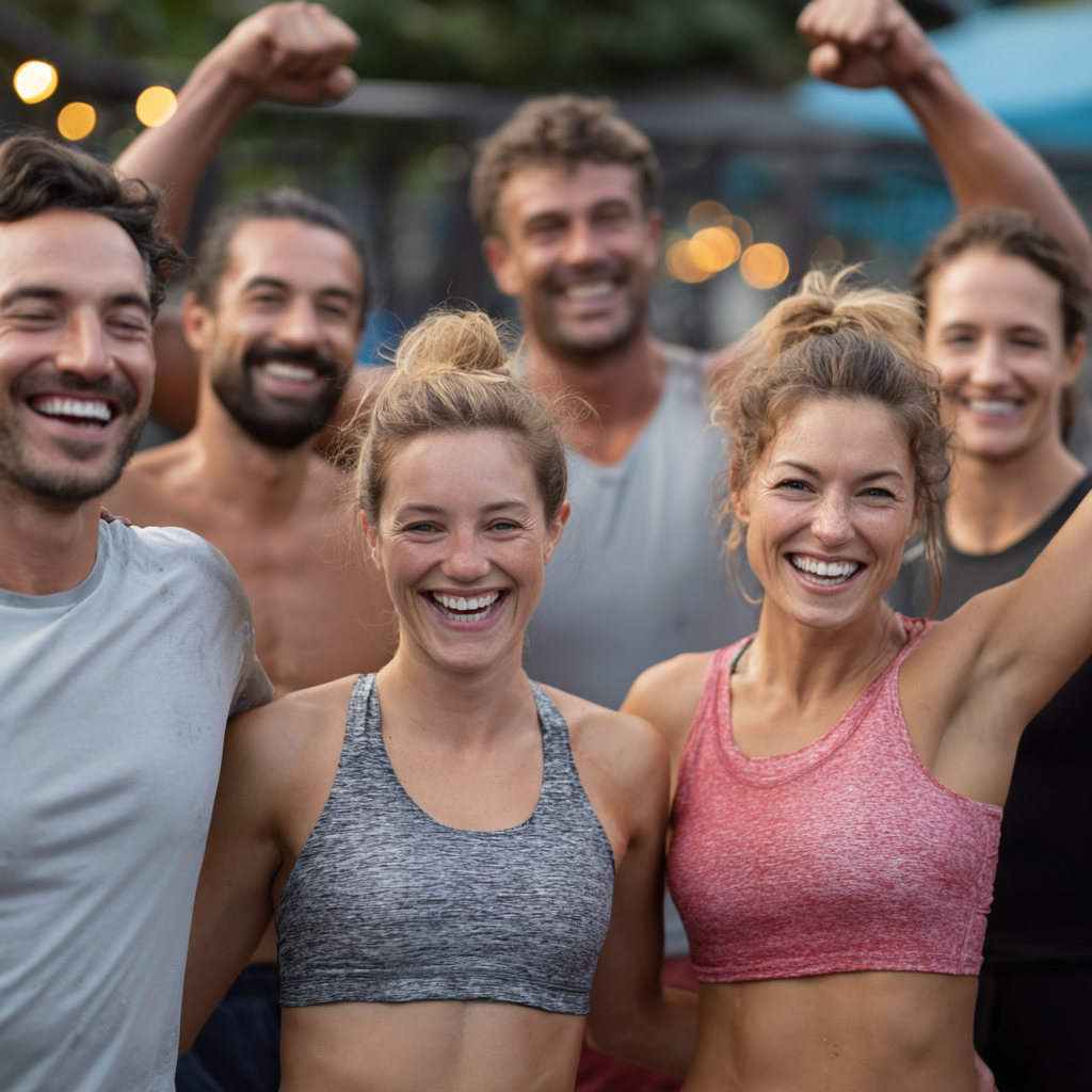 Group of smiling Romanian adults of various ages participating in outdoor natural movement activities in a park setting, showing joy and vitality